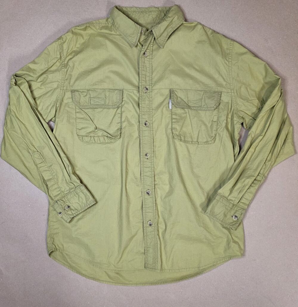 Woolrich Button Down Shirt Mens Green Cotton Long Sleeve Outdoor Medium Light